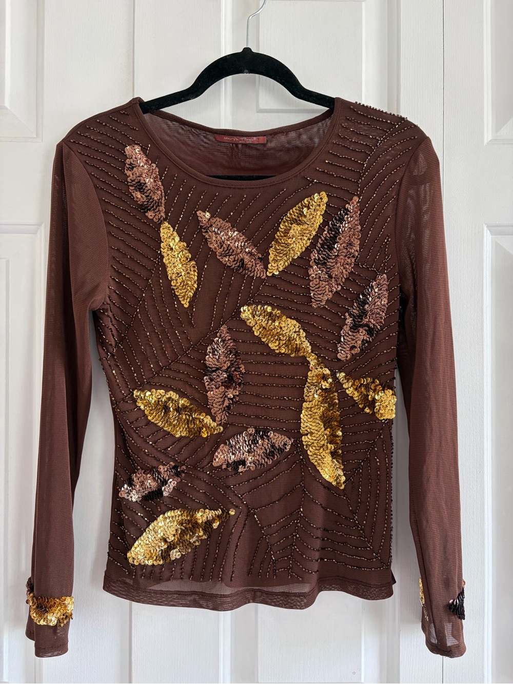 Vintage Y2K Brown Long-Sleeve Beaded Sequin Top
